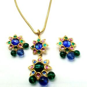 VTG SHAKIRA CAINE Indian Mughal Necklace & Matching Clip-on Earrings Glass Stone